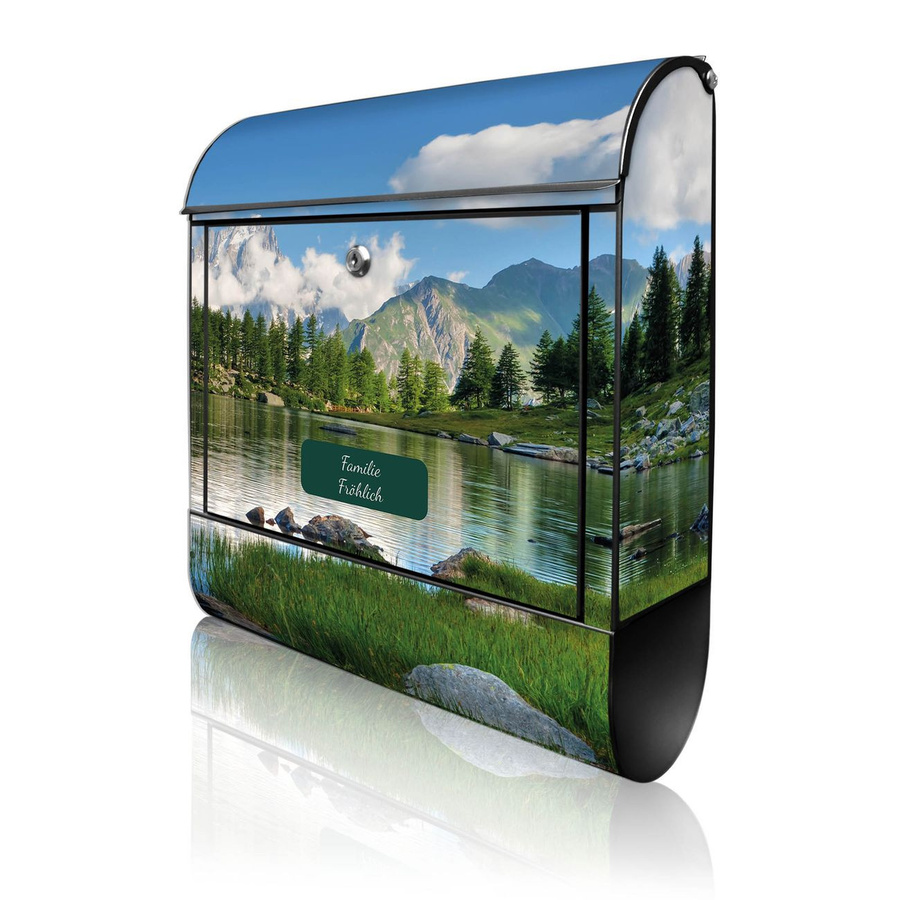 banjado Wandbriefkasten schwarz groß mit Motiv Gebirgssee und Zeitungsfach, B/H/T: 38 x 47 x 13 cm - Bild 1