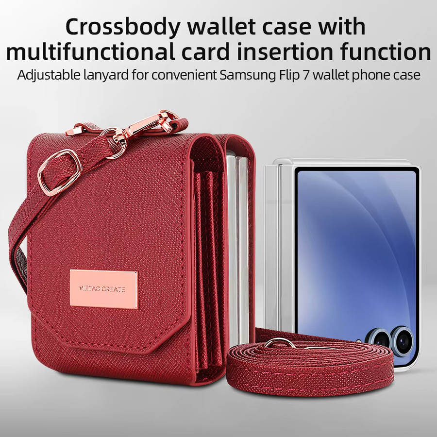 VIETAO Mädchen Handyhülle aus PU-Leder mit Kartenetui und Umhängeband für Samsung Galaxy Z Flip 7, Flip6, Flip5, Z4, Z3 in Rot - Bild 2