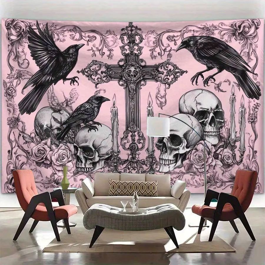 VIKAMA Gothic Wandkunst Tapisserie mit Rabe und Totenkopf in Rosa und Schwarz - Bild 2