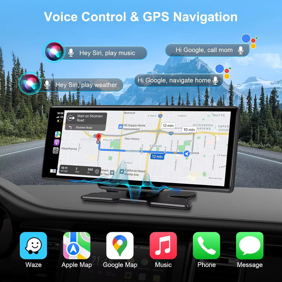 Srnubi 10,26 Zoll Carplay und Android Auto Monitor mit 4K Dashcam, Multimedia Player und Rückfahrkamera in Schwarz - Bild 4
