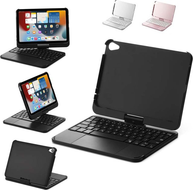 JONSNOW Hülle für iPad Mini 6 2021 und iPad Mini 2024 mit Bluetooth-Tastatur, RGB-Hintergrundbeleuchtung und 360 Grad drehbarem faltbarem Ständer in Schwarz oder Silber - Bild 1