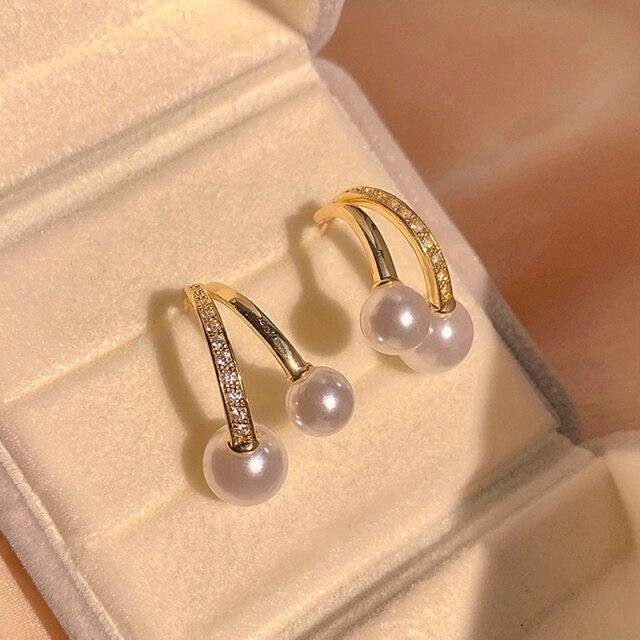 Ohrstecker 14k Echtgold Plated, Perlen, Zirkon, S925 Silbernadel, Damen, Mädchen, beige - Bild 1