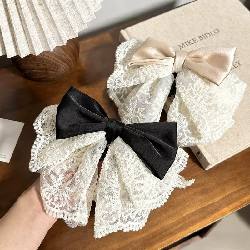 Haarspange Spitze Satin Schleife, schwarz und weiß beige, Damen - Bild 1