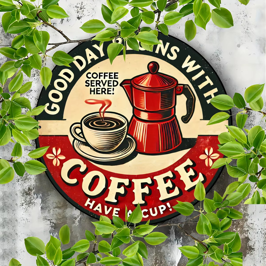 Potdemiel Rundes Vintage-Aluminiumschild Good Day Begins With Coffee in Multicolour, Durchmesser: 19,81 cm - Bild 5