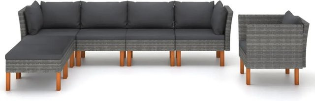 vidaXL 7-tlg Garten-Lounge-Set aus Polyrattan und Eukalyptusholz in Grau/Anthrazit mit Polsterung und Ottoman in L-Form - Bild 1