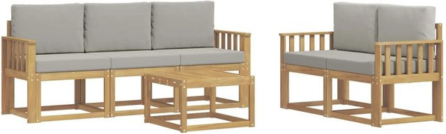 vidaXL Outdoor-Sofagarnitur 6-teilig aus Akazienholz in Weiß und Hellgrau mit Sitz- und Rückenkissen, B/T/H: 59 x 59 x 37 cm - Bild 1
