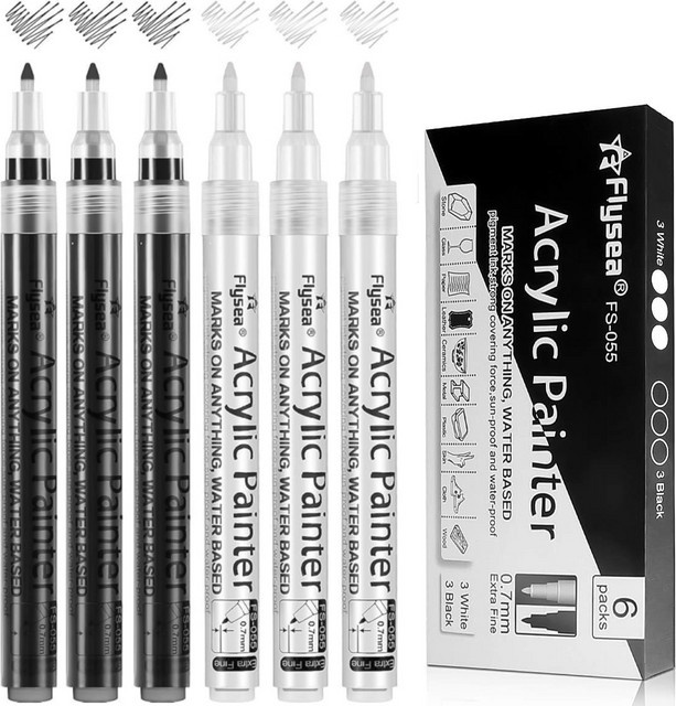 Kolorowys Acryl-Farbmarker Set mit 6 Stück in Schwarz, Weiß, Gold und Silber, wasserfeste Acryl-Stifte mit 0,7 mm extra feiner und 3 mm mittlerer Spitze - Bild 1