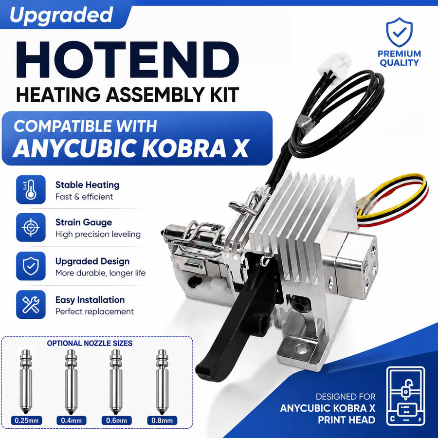 Anycubic Kobra X Hotend-Montagekit in Silber mit Dehnungsmessfühler und Düsen in 0,25 mm, 0,4 mm, 0,6 mm und 0,8 mm sowie Druckkopf für FDM 3D-Drucker - Bild 3
