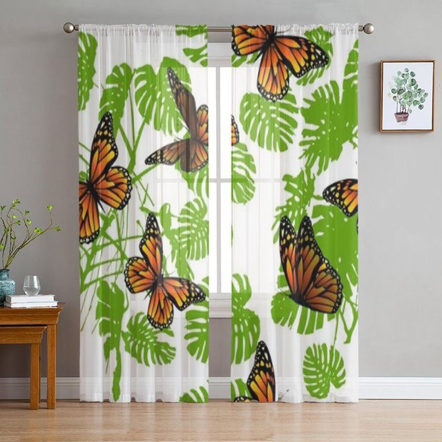 Super Six Transparenter Chiffon-Vorhang Monstera Silhouette und Schmetterling in Grün, B: 135 cm, H: 114 cm - Bild 1