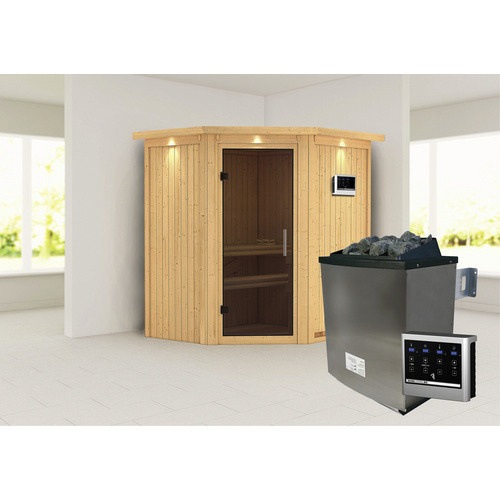Karibu Sauna Narva in Beige mit 9 kW Saunaofen und externer Steuerung für 3 Personen, B/T/H: 202 x 184 x 165 cm - Bild 2
