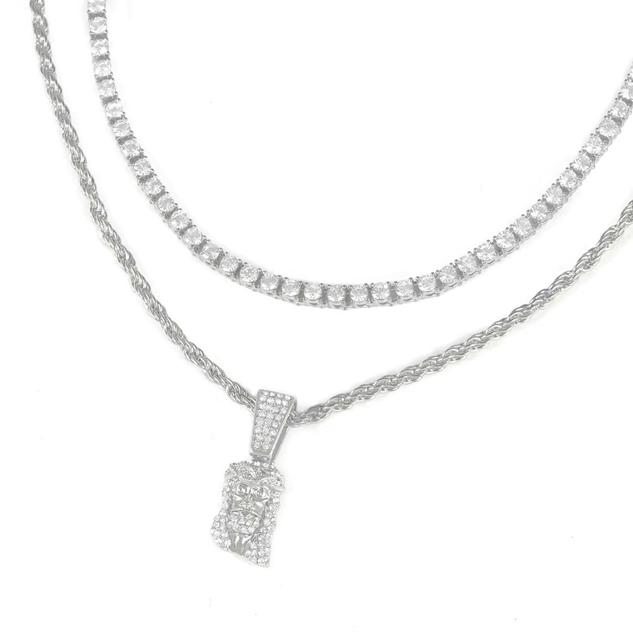 Halskette Set, Edelstahl, Jesus Anhänger, Seil & Tenniskette, Diamant, Zirkonia, Unisex - Bild 3