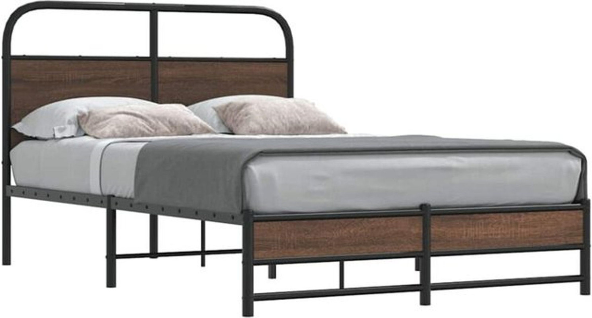 Bettgestell von Vidaxl in Braun mit Eichen-Optik aus Holzwerkstoff und Metall im Industrial-Stil, B/T: 120 x 200 cm - Bild 1