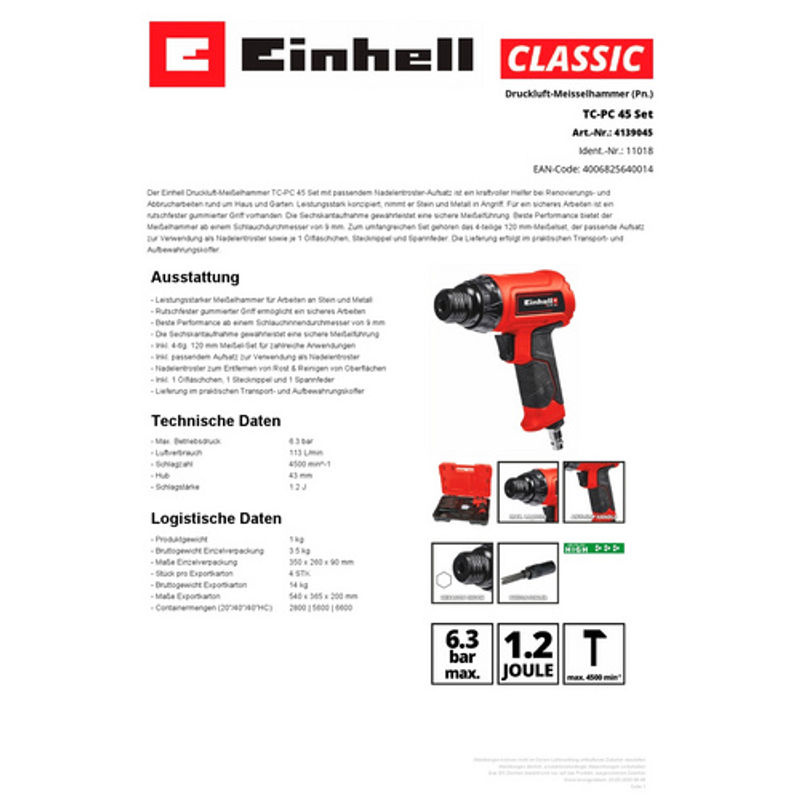 Einhell Druckluft-Meißelhammer-Set TC-PC 45 in Rot-Schwarz mit max. 6,3 bar Betriebsdruck - Bild 5