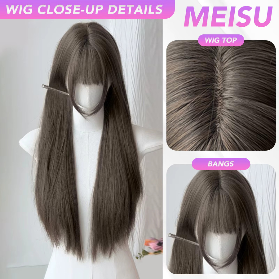 MEISU Perücke, 26 Zoll, synthetisch, gerade, Air Bangs, braun, Damen - Bild 3