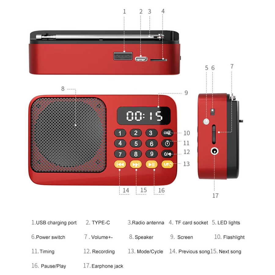 Tragbares TIMOTRAS Outdoor Radio und MP3 Player mit LED Display, FM, USB und TF, Schwarz - Bild 6