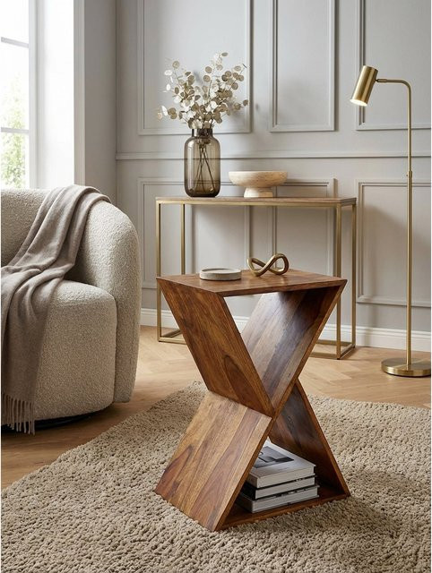 Beistelltisch KADIMA DESIGN aus Sheeshamholz in Braun mit X-Frame Design, B/T/H: 43 x 60 x 30 cm - Bild 1