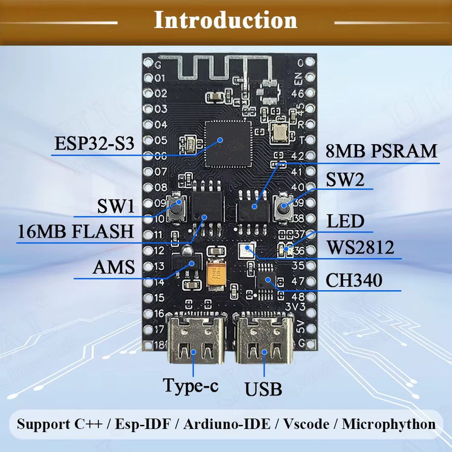 ESP32-S3 n16r8 Entwicklungsboard mit 16MB Flash, 8MB PSRAM, WS2812 LED und USB-C Anschluss für Arduino, WiFi und Bluetooth 2,4G - Bild 3