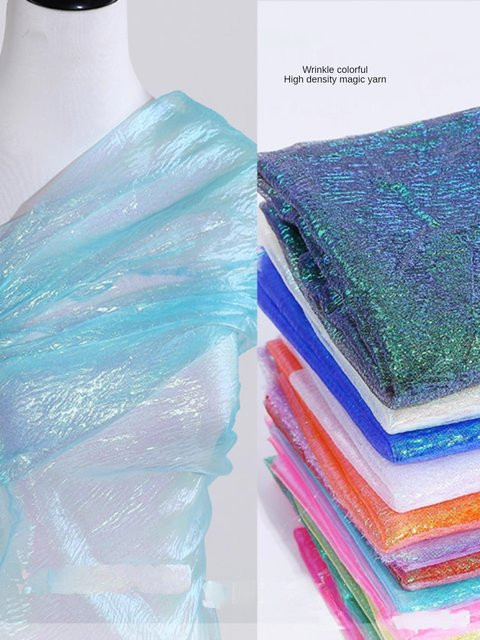Plissierter Organza-Stoff in Regenbogen-Optik als Meterware, transparentes Lasergarn mit faltiger Textur für Vorhänge und Dekoration, Farben: Weiß, Rot, Grün und Multicolour - Bild 1