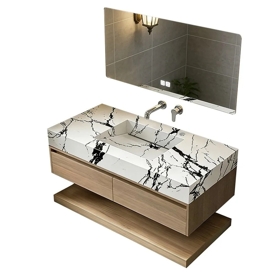360Home Badmöbel Set in Weiß mit Sinterstein Waschbecken, Spiegelschrank mit LED-Beleuchtung und Anti-Beschlag-Funktion sowie Unterschrank und Seitenschrank, B/T/H: 140 x 55 x 0 cm - Bild 2