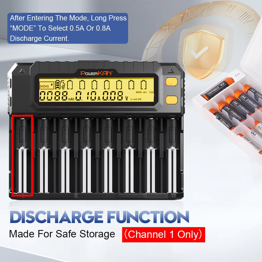 POWERKAN 8-Bay LCD Smart-Ladegerät für NiMH, LiFePO4 und Li-Ionen in Schwarz mit Kapazitätstest und 0V-Aktivierung - Bild 6