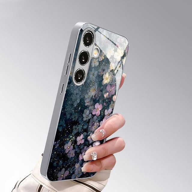 Galvanisch vergoldete Handyhülle aus gehärtetem Glas mit künstlerischem Texturmuster für Samsung Galaxy S26 Ultra S25 Plus S24 S23 S22 in Gold und Multicolour - Bild 1