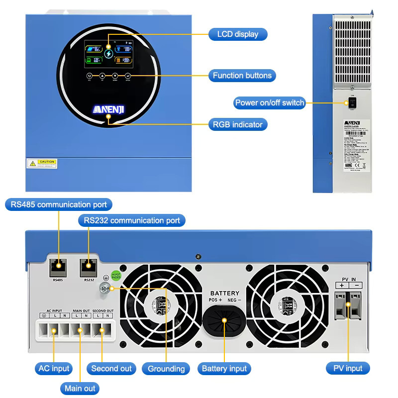 ANENJI Hybrid Solar-Wechselrichter 4KW 24V Off-Grid mit MPPT 100A, Reiner Sinuswellen-Solarregler mit WIFI-Unterstützung und BMS, Blau - Bild 4
