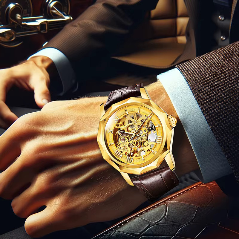 CAROTIF Armbanduhr Automatik, Gold, Leder, Herren - Bild 5