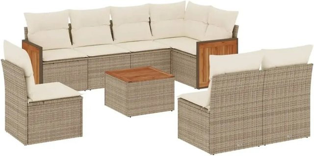 vidaXL 9-tlg. Garten-Sofagarnitur in L-Form aus Poly-Rattan und Akazienholz in Beige-Creme mit Kissen - Bild 1
