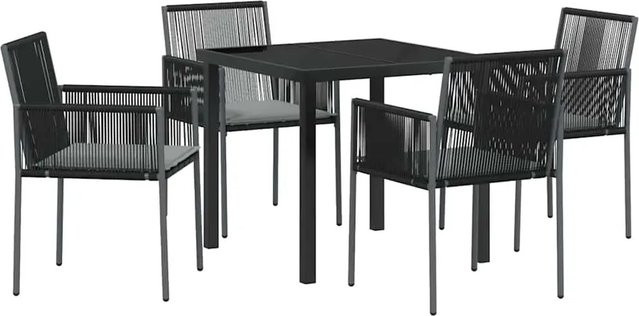 vidaXL Garten Essgruppe 5-teilig aus Poly-Rattan und Stahl in Schwarz mit Sicherheitsglas und wetterfesten Kissen, B/T/H: 80 x 73 x 80 cm (Tisch) und 80 x 73 x 80 cm (Stühle) - Bild 1