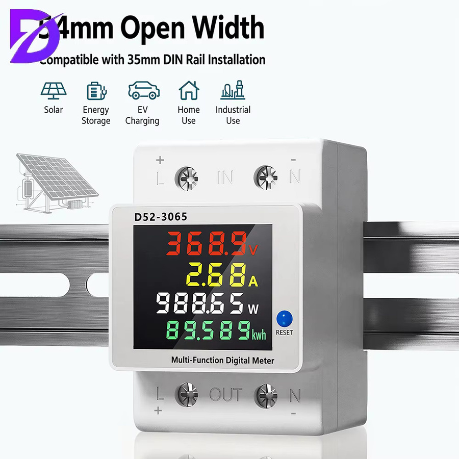 diymore Multifunktionaler 4-in-1 DC-Energiezähler für DIN-Schienenmontage mit LCD-Anzeige, 14–600 V, 63 A, einphasig - Bild 3