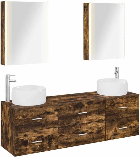 vidaXL Badezimmermöbel-Set 5-teilig aus Eiche in Braun mit LED-Beleuchtung und Spiegelschrank - Bild 1