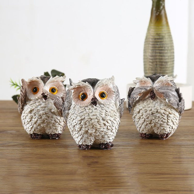 Dreiteiliges Eulen-Ornamente Set im Vintage-Stil aus Kunstharz, Weiß, Desktop-Dekoration für Wohnzimmer und Arbeitszimmer - Bild 1