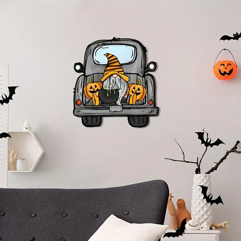 SZ-Damai Halloween Wandbehang aus Holz mit Kürbis-Auto-Motiv, mehrfarbiges Dekorationszubehör für deine Party - Bild 5