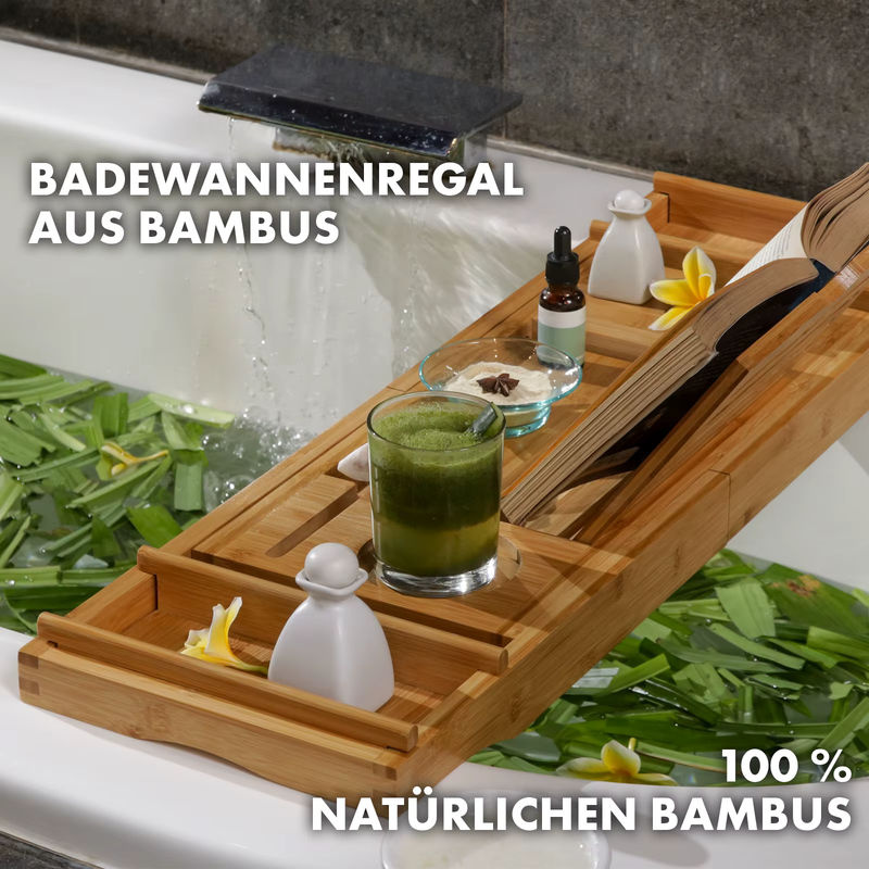 FLOORDIREKT Bambus Badewannenablage Oklahoma in Braun – Ausziehbares und flexibles Badebrett mit integriertem Buchhalter und Tabletablage - Bild 2