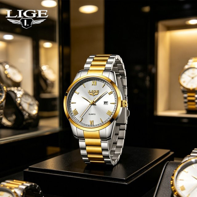 LIGE Armbanduhr Edelstahl, Quarz, Analoguhr, Weiß, Herren - Bild 1