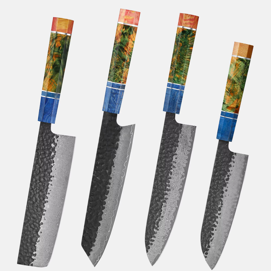 Baovim 1-4-teiliges Damastmesser-Set aus 67 Lagen, handgeschmiedete japanische Küchenmesser mit Kiritsuke, Nakiri und Kochmesser, multicolour - Bild 4
