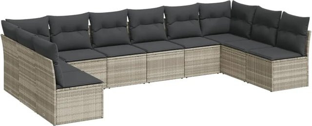 vidaXL 10-tlg. Garten-Sofagarnitur in L-Form aus Poly-Rattan mit Kissen, Hellgrau - Bild 1