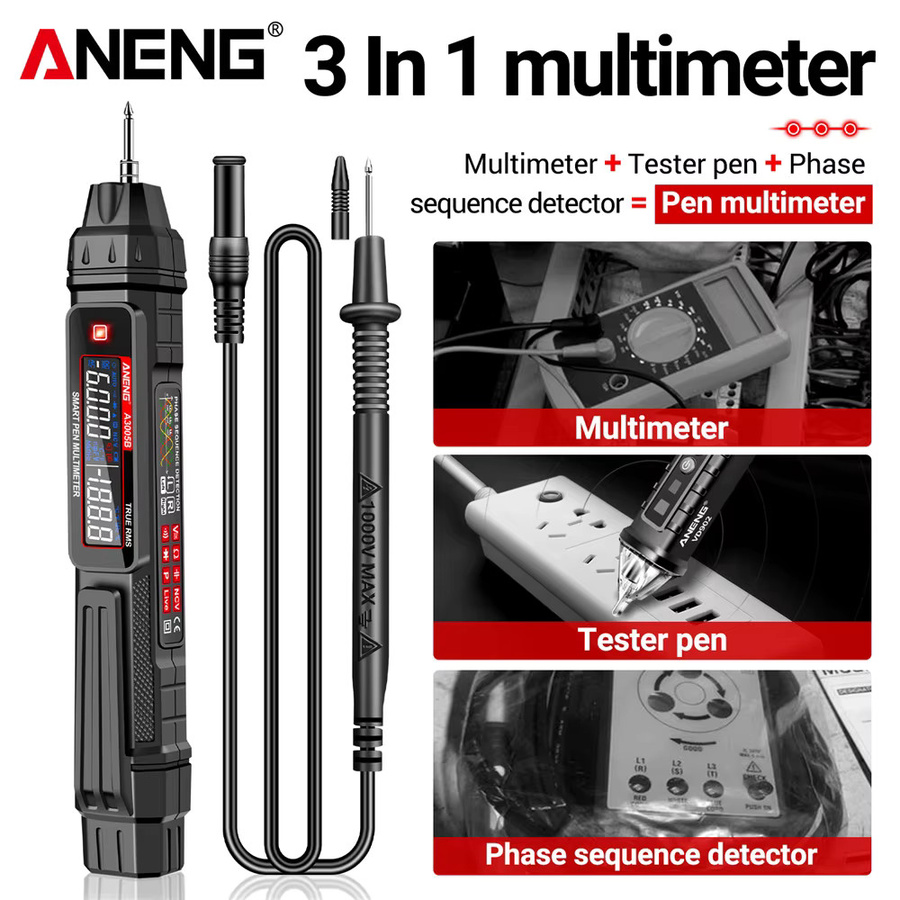 ANENG 6000 Multimeter Stift A3005B Phasenfolge Detektor für AC/DC Spannung Ohm Temperatur und Diode in Schwarz - Bild 3