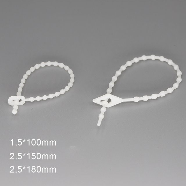 100 Stück wiederverwendbare Nylon Kabelbinder in Weiß mit Perlenknoten und Kugelverschluss, Breite: 1,5 mm, Länge: 100 mm - Bild 1