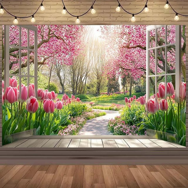 JMG Household Supplies Wandteppich mit rosa Tulpen und Kirschblüten, Floraler Wandbehang für Wohnzimmer und Schlafzimmer, Breite: 180 cm, Höhe: 280 cm - Bild 1