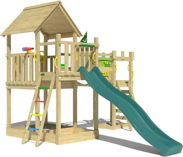 Jungle Gym Spielturm Lookout aus Holz mit Wackelbrücke, Kletterrampe und Rutsche in Dunkelgrün - Bild 1