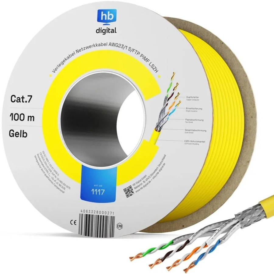 hb-digital CAT 7 Netzwerkkabel S/FTP AWG23 LSZH Ethernet LAN Kabel Gelb 100 m - Bild 1