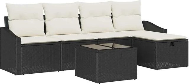 vidaXL Garten-Sofa-Set aus Polyrattan in Schwarz mit beigefarbenen Kissen, 6-teiliges L-Shape Lounge-Set für Terrasse und Garten - Bild 1