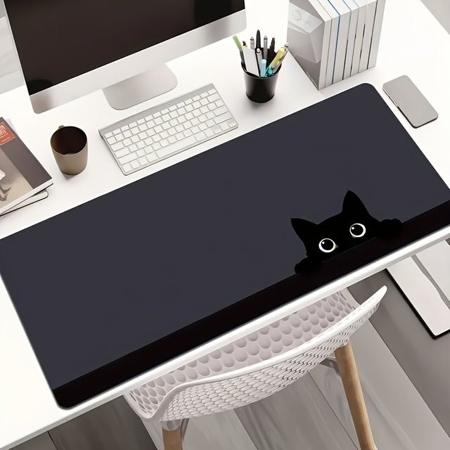 Schwarzes Mauspad mit Katzen-Design, rutschfeste Schreibtischunterlage aus Polyester mit genähten Kanten für Gaming und Büro - Bild 1