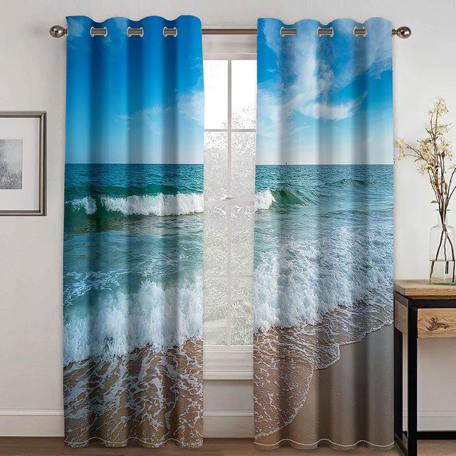 Yiran Furniture Sonnenuntergang am Meer Vorhänge mit 3D Digitaldruck, 2 Paneele aus Polyester, Mehrfarbig, B: 100 cm, H: 130 cm - Bild 1