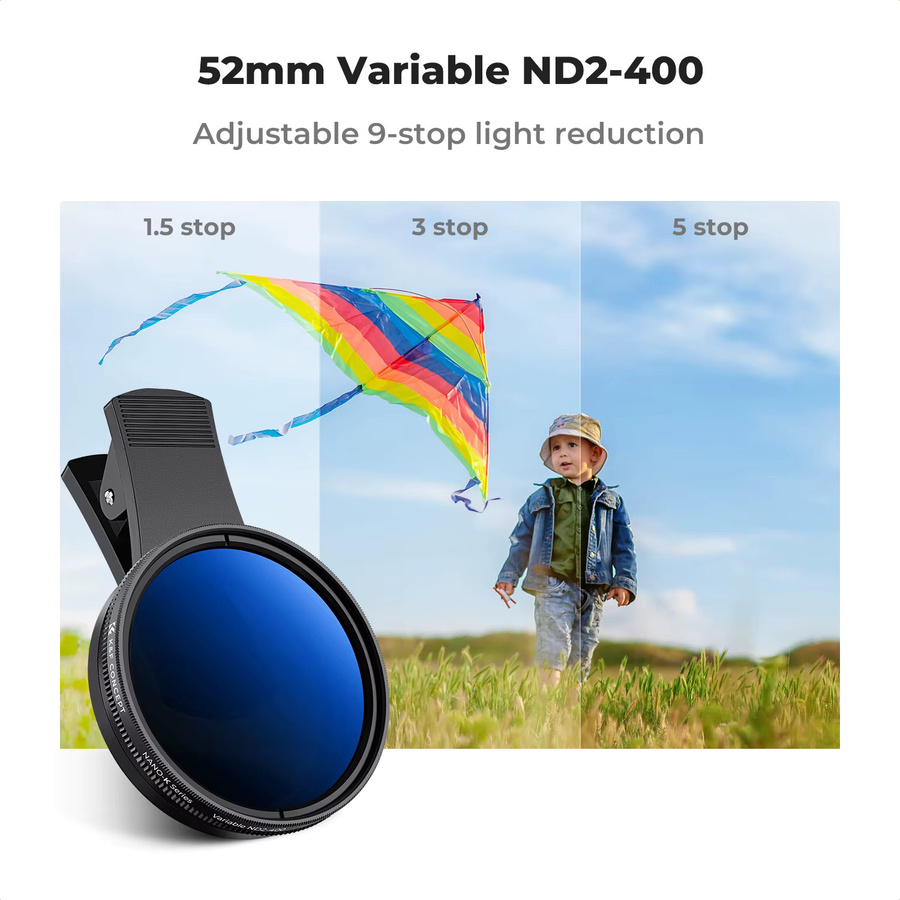 K&F CONCEPT ND-Objektivfilter-Set für Smartphone-Kameras, Clip-on Filter mit stufenloser ND 2-400 Verstellung von 1 bis 9 Blendenstufen, Schwarz, 52 mm - Bild 2