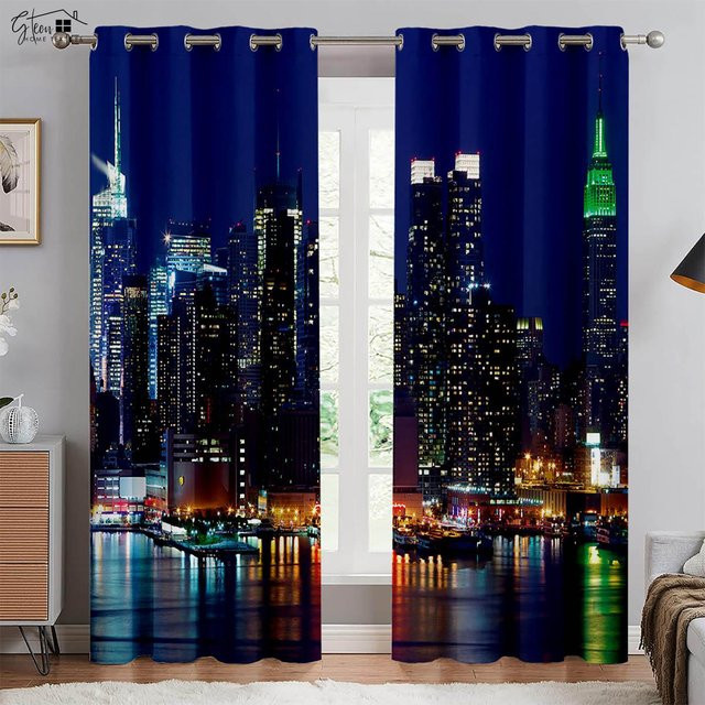 Stadtbau Fenstergardine mit 3D-gedrucktem Stadtmotiv in Blau, lichtblockierend und wärmeisolierend, Breite: 100 cm, Höhe: 130 cm - Bild 1