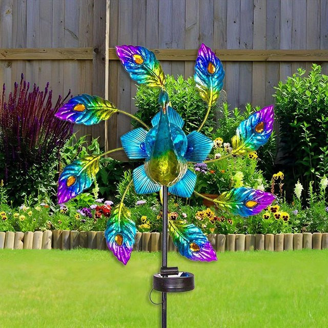 Ventora Sunbird Windmühle aus Metall in Blau für die Gartendekoration und den Zaun, wasserfeste Solar-Pfau-Windleuchte - Bild 1
