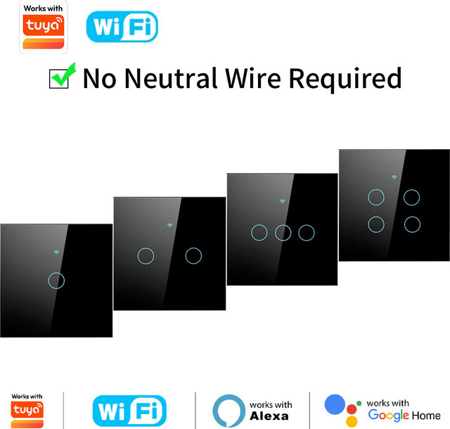 Tuya Smart WIFI Touch Lichtschalter Schwarz, kabelloser LED-Lichtschalter ohne Neutralleiter, kompatibel mit Alexa und Google Home - Bild 1