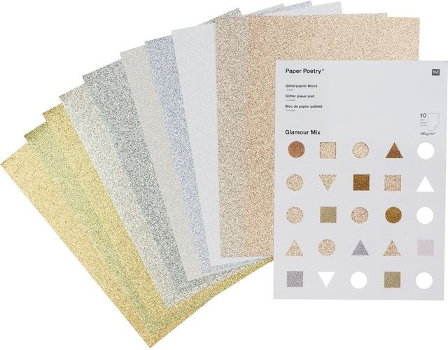 Rico Design Paper Poetry Glitterpapierblock Glamour Mix, DIN A4, 10 Blatt, Gold, Silber und Multicolour - Bild 1